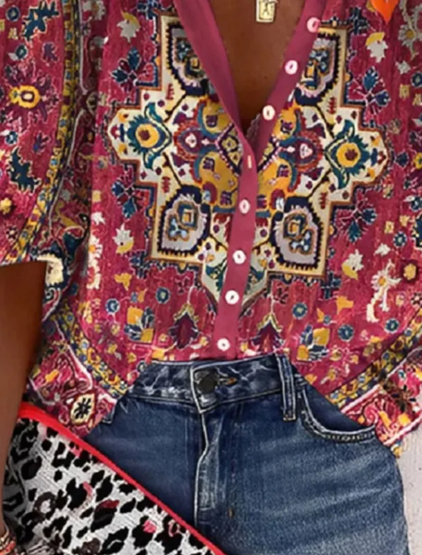 Women's Shirt Blouse Graphic Elegant Daily Stylish 3/4 Length Sleeve High Neck Regular Tops Daily Holiday Going out Buttons Red Green Rainbow Gray Summer Spring Fall