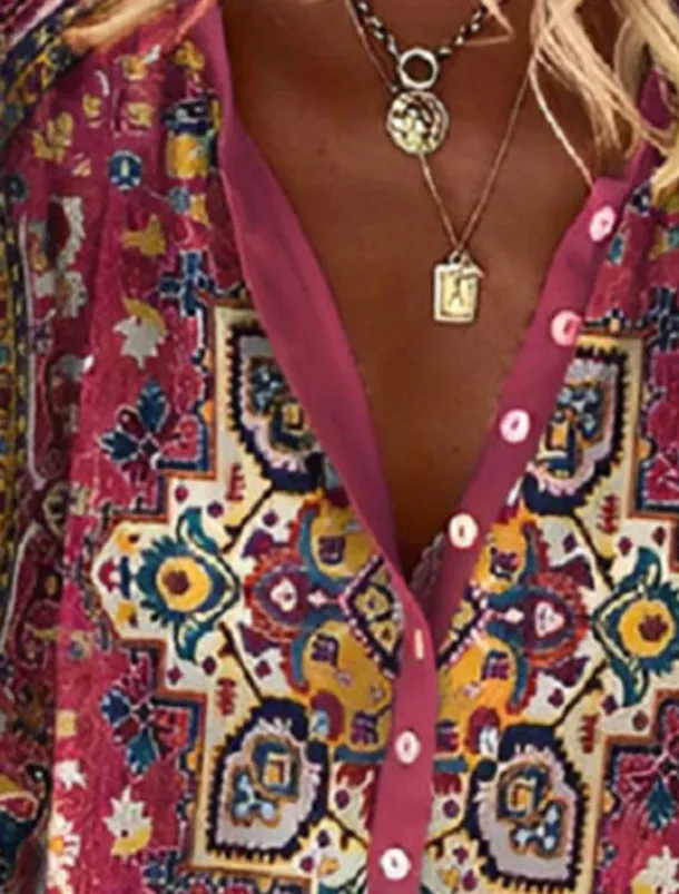 Women's Shirt Blouse Graphic Elegant Daily Stylish 3/4 Length Sleeve High Neck Regular Tops Daily Holiday Going out Buttons Red Green Rainbow Gray Summer Spring Fall