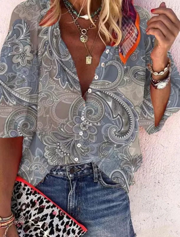 Women's Shirt Blouse Graphic Elegant Daily Stylish 3/4 Length Sleeve High Neck Regular Tops Daily Holiday Going out Buttons Red Green Rainbow Gray Summer Spring Fall