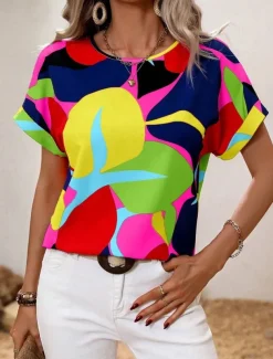 Women's Shirt Blouse Graphic Stylish Casual Short Sleeve Crew Neck Regular Tops Daily Holiday Going out Print Black Yellow Green Khaki Rose Pink Summer Spring