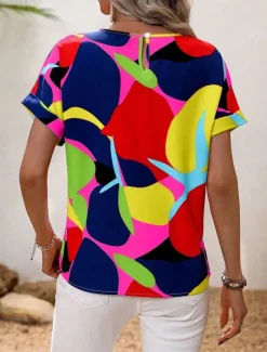 Women's Shirt Blouse Graphic Stylish Casual Short Sleeve Crew Neck Regular Tops Daily Holiday Going out Print Black Yellow Green Khaki Rose Pink Summer Spring