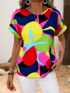 Women's Shirt Blouse Graphic Stylish Casual Short Sleeve Crew Neck Regular Tops Daily Holiday Going out Print Black Yellow Green Khaki Rose Pink Summer Spring
