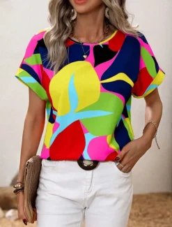 Women's Shirt Blouse Graphic Stylish Casual Short Sleeve Crew Neck Regular Tops Daily Holiday Going out Print Black Yellow Green Khaki Rose Pink Summer Spring