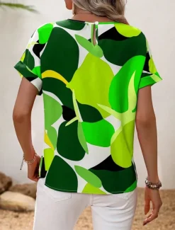 Women's Shirt Blouse Graphic Stylish Casual Short Sleeve Crew Neck Regular Tops Daily Holiday Going out Print Black Yellow Green Khaki Rose Pink Summer Spring