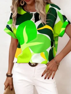 Women's Shirt Blouse Graphic Stylish Casual Short Sleeve Crew Neck Regular Tops Daily Holiday Going out Print Black Yellow Green Khaki Rose Pink Summer Spring