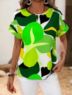 Women's Shirt Blouse Graphic Stylish Casual Short Sleeve Crew Neck Regular Tops Daily Holiday Going out Print Black Yellow Green Khaki Rose Pink Summer Spring
