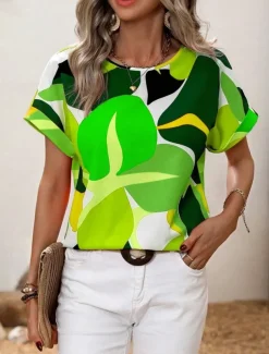 Women's Shirt Blouse Graphic Stylish Casual Short Sleeve Crew Neck Regular Tops Daily Holiday Going out Print Black Yellow Green Khaki Rose Pink Summer Spring