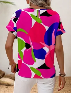 Women's Shirt Blouse Graphic Stylish Casual Short Sleeve Crew Neck Regular Tops Daily Holiday Going out Print Black Yellow Green Khaki Rose Pink Summer Spring