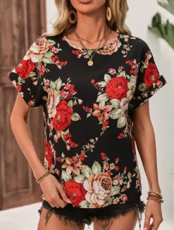 Women's Shirt Blouse Graphic Stylish Casual Short Sleeve Crew Neck Regular Tops Daily Holiday Going out Print Black Yellow Green Khaki Rose Pink Summer Spring