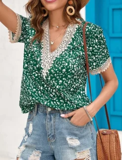 Women's Shirt Blouse Leopard Stylish Casual Short Sleeve V Neck Regular Tops Daily Print Green Khaki Summer
