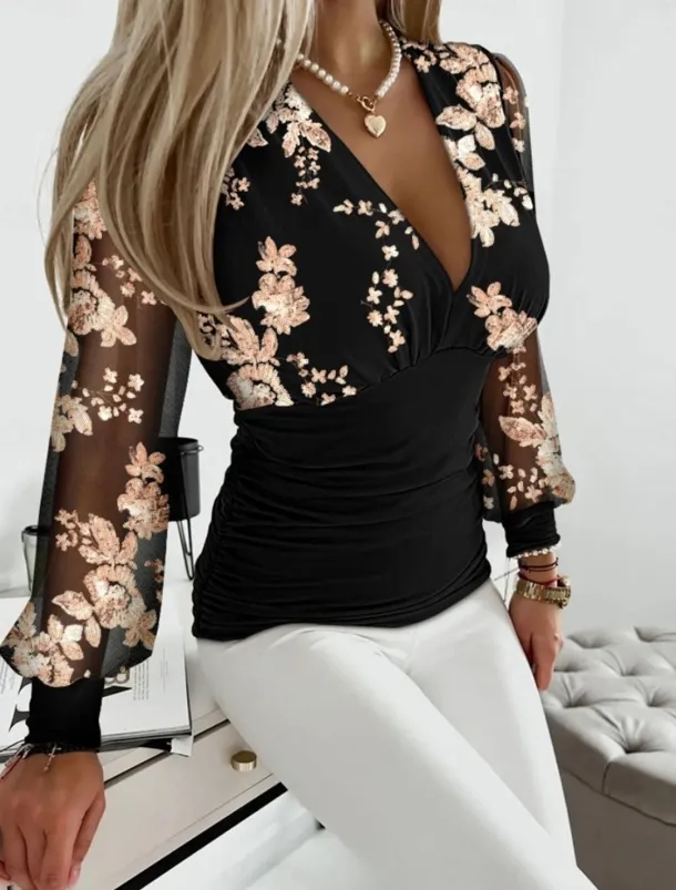 Women's Shirt Blouse Modern Floral Patchwork Print Long Sleeve Regular Tops V Neck Work Daily Navy Blue Khaki Fall