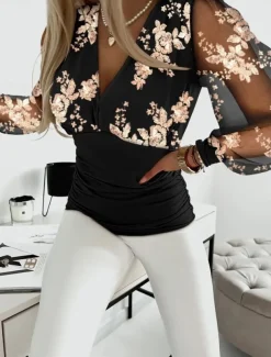 Women's Shirt Blouse Modern Floral Patchwork Print Long Sleeve Regular Tops V Neck Work Daily Navy Blue Khaki Fall