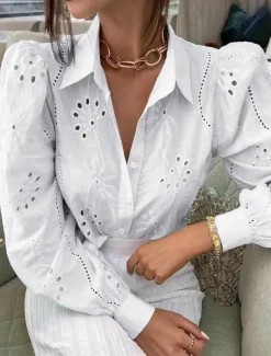 Women's Shirt Blouse Solid Color Casual Long Sleeve Shirt Collar Regular Tops Daily Patchwork Black White Blue Spring Fall