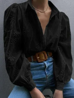 Women's Shirt Blouse Solid Color Casual Long Sleeve Shirt Collar Regular Tops Daily Patchwork Black White Blue Spring Fall