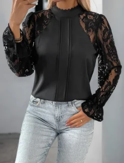 Women's Shirt Blouse Solid Color Basic Casual Long Sleeve Turtleneck Regular Tops Daily Lace Patchwork Black Summer Spring
