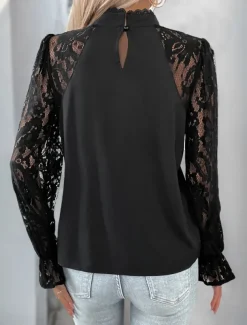 Women's Shirt Blouse Solid Color Basic Casual Long Sleeve Turtleneck Regular Tops Daily Lace Patchwork Black Summer Spring