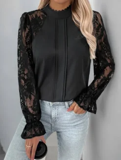 Women's Shirt Blouse Solid Color Basic Casual Long Sleeve Turtleneck Regular Tops Daily Lace Patchwork Black Summer Spring
