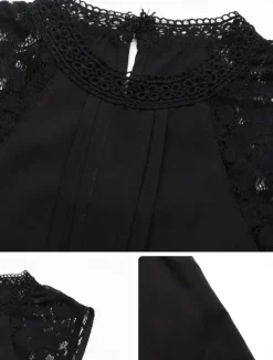 Women's Shirt Blouse Solid Color Basic Casual Long Sleeve Turtleneck Regular Tops Daily Lace Patchwork Black Summer Spring