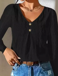 Women's Shirt Blouse Solid Color Stylish Casual Long Sleeve V Neck Regular Tops Daily Buttons Eyelet Black White Summer Spring Fall