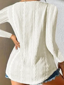 Women's Shirt Blouse Solid Color Stylish Casual Long Sleeve V Neck Regular Tops Daily Buttons Eyelet Black White Summer Spring Fall