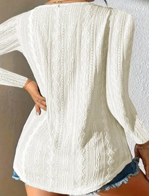 Women's Shirt Blouse Solid Color Stylish Casual Long Sleeve V Neck Regular Tops Daily Buttons Eyelet Black White Summer Spring Fall