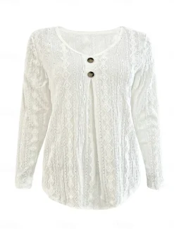 Women's Shirt Blouse Solid Color Stylish Casual Long Sleeve V Neck Regular Tops Daily Buttons Eyelet Black White Summer Spring Fall