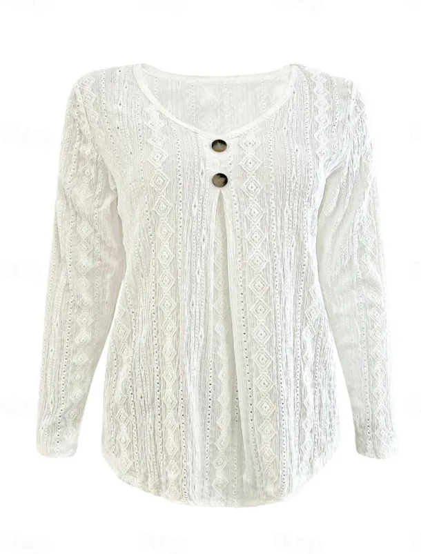 Women's Shirt Blouse Solid Color Stylish Casual Long Sleeve V Neck Regular Tops Daily Buttons Eyelet Black White Summer Spring Fall
