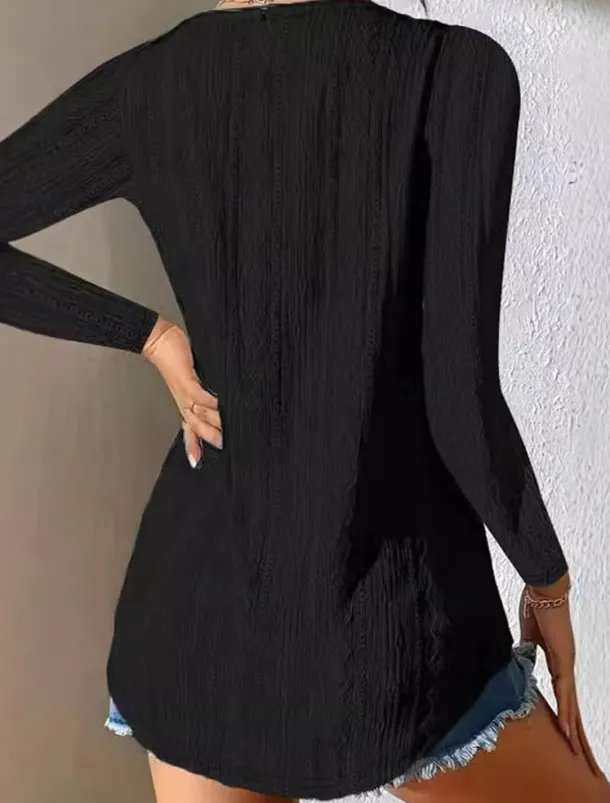 Women's Shirt Blouse Solid Color Stylish Casual Long Sleeve V Neck Regular Tops Daily Buttons Eyelet Black White Summer Spring Fall