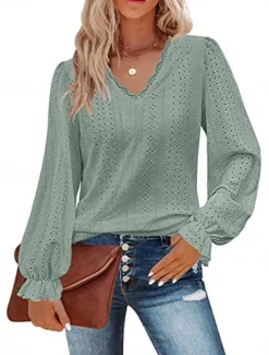 Women's Shirt Blouse Solid Color Basic Casual Long Sleeve V Neck Regular Tops Daily Lace Eyelet Light Green Pink Fall Winter