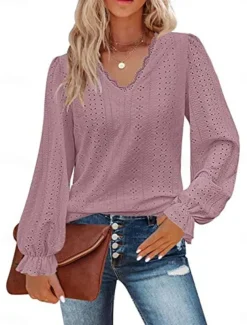 Women's Shirt Blouse Solid Color Basic Casual Long Sleeve V Neck Regular Tops Daily Lace Eyelet Light Green Pink Fall Winter