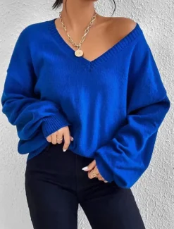 Women's Shirt Blouse Solid Color Basic Casual Long Sleeve V Neck Regular Tops Daily Blue Fall Winter