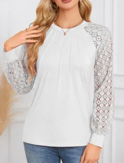 Women's Shirt Blouse Solid Color Stylish Casual Long Sleeve Crew Neck Regular Tops Daily Lace Patchwork White Pink Summer Spring