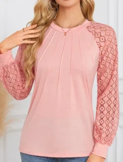 Women's Shirt Blouse Solid Color Stylish Casual Long Sleeve Crew Neck Regular Tops Daily Lace Patchwork White Pink Summer Spring