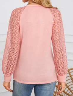 Women's Shirt Blouse Solid Color Stylish Casual Long Sleeve Crew Neck Regular Tops Daily Lace Patchwork White Pink Summer Spring