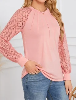 Women's Shirt Blouse Solid Color Stylish Casual Long Sleeve Crew Neck Regular Tops Daily Lace Patchwork White Pink Summer Spring