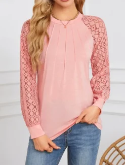 Women's Shirt Blouse Solid Color Stylish Casual Long Sleeve Crew Neck Regular Tops Daily Lace Patchwork White Pink Summer Spring
