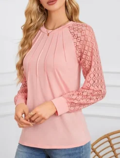 Women's Shirt Blouse Solid Color Stylish Casual Long Sleeve Crew Neck Regular Tops Daily Lace Patchwork White Pink Summer Spring