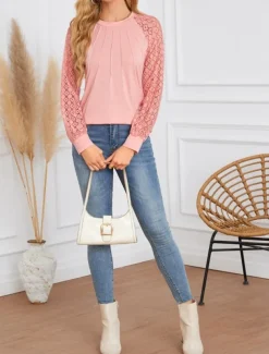 Women's Shirt Blouse Solid Color Stylish Casual Long Sleeve Crew Neck Regular Tops Daily Lace Patchwork White Pink Summer Spring