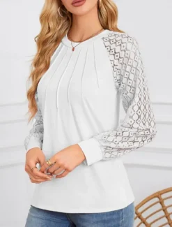 Women's Shirt Blouse Solid Color Stylish Casual Long Sleeve Crew Neck Regular Tops Daily Lace Patchwork White Pink Summer Spring