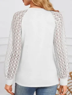 Women's Shirt Blouse Solid Color Stylish Casual Long Sleeve Crew Neck Regular Tops Daily Lace Patchwork White Pink Summer Spring