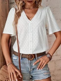 Women's Shirt Blouse Solid Color Elegant Stylish Basic Short Sleeve V Neck Regular Tops Daily Lace White Pink Blue Green Summer Spring