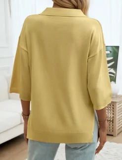 Women's Shirt Blouse Solid Color Basic Casual 3/4 Length Sleeve Shirt Collar Regular Tops Daily Yellow Blue Beige Summer Spring Fall