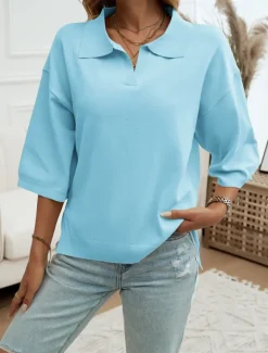 Women's Shirt Blouse Solid Color Basic Casual 3/4 Length Sleeve Shirt Collar Regular Tops Daily Yellow Blue Beige Summer Spring Fall