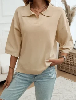 Women's Shirt Blouse Solid Color Basic Casual 3/4 Length Sleeve Shirt Collar Regular Tops Daily Yellow Blue Beige Summer Spring Fall