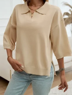 Women's Shirt Blouse Solid Color Basic Casual 3/4 Length Sleeve Shirt Collar Regular Tops Daily Yellow Blue Beige Summer Spring Fall