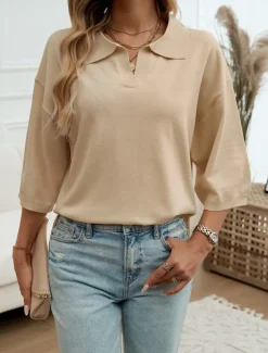 Women's Shirt Blouse Solid Color Basic Casual 3/4 Length Sleeve Shirt Collar Regular Tops Daily Yellow Blue Beige Summer Spring Fall