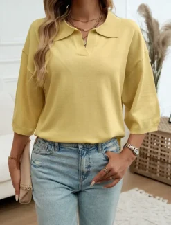 Women's Shirt Blouse Solid Color Basic Casual 3/4 Length Sleeve Shirt Collar Regular Tops Daily Yellow Blue Beige Summer Spring Fall