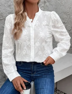 Women's Shirt Blouse Solid Color Stylish Casual Long Sleeve Notched Neck Regular Tops Daily Lace Patchwork White Summer Spring