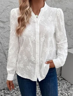 Women's Shirt Blouse Solid Color Stylish Casual Long Sleeve Notched Neck Regular Tops Daily Lace Patchwork White Summer Spring