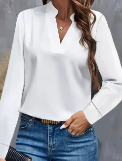 Women's Shirt Blouse Solid Color Daily Stylish Casual Long Sleeve V Neck Regular Tops Daily Black White Blue Fall Winter